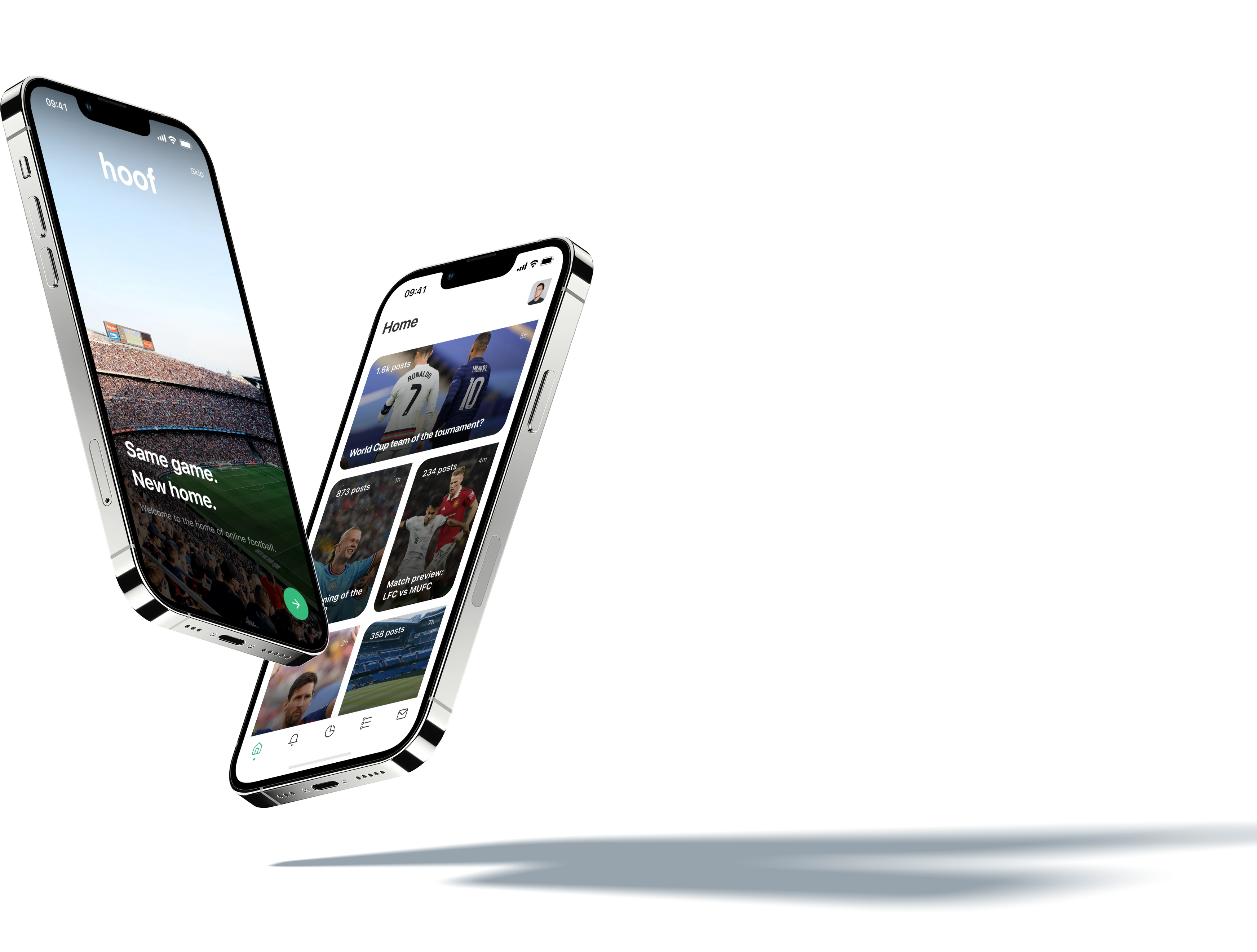Two phones showing the first onboarding screen and a sample feed.